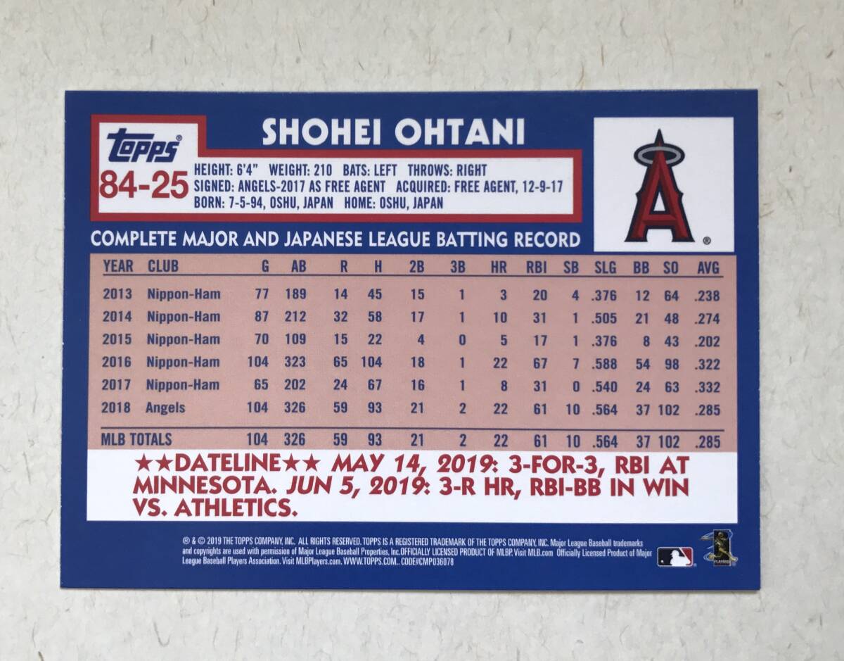  RC ロゴ エラー　大谷翔平　エンゼルス　2019 Topps Update Series 　1984 Topps Baseball 　 RC Logo Error #84-25_画像2