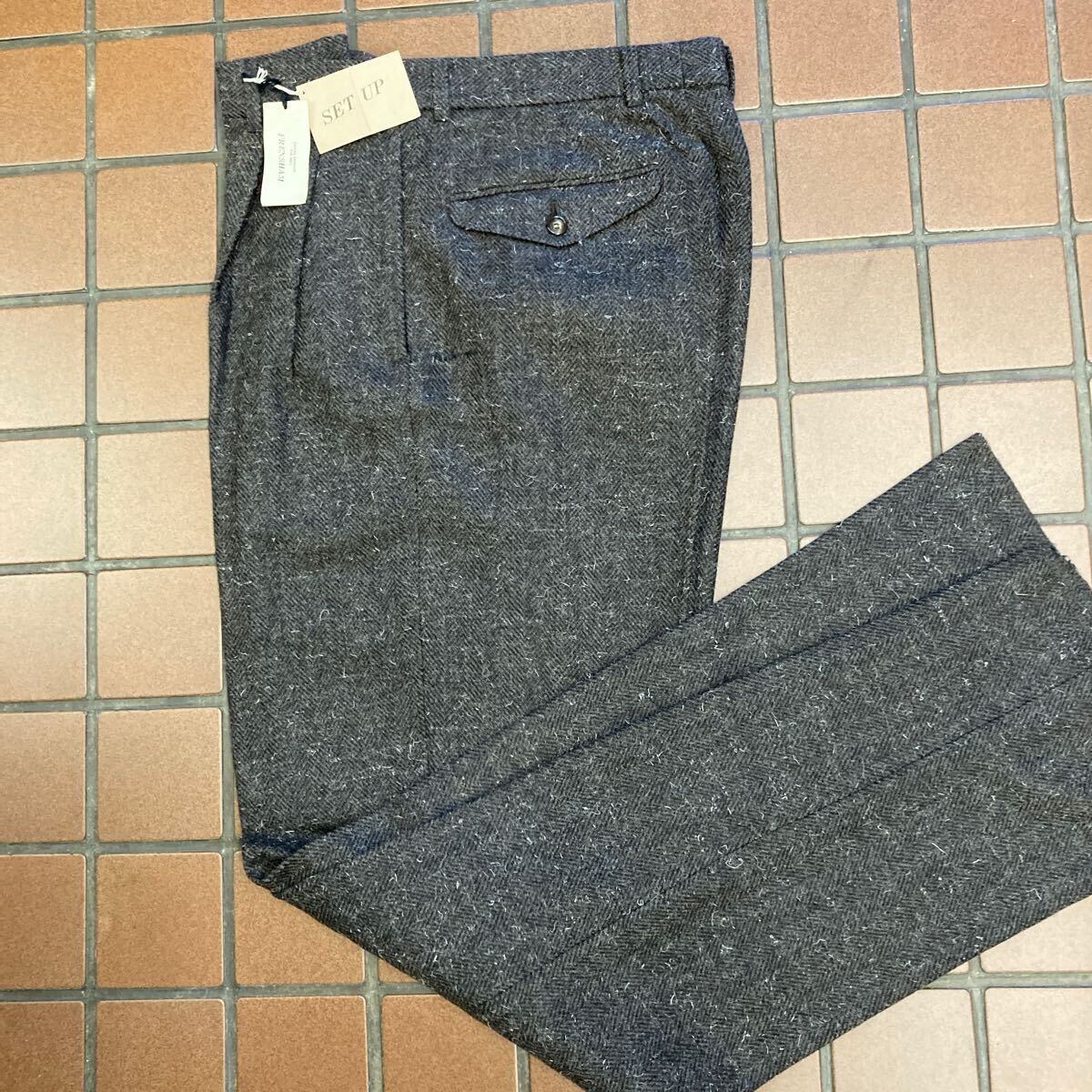 {新品}カジュアル ビジネス スラックス サイズ L(実寸77cm) 2タック毛 100% A-ONE CORPORATION ツィード 肉厚生地 ヘリンボーン 茶系色_画像2