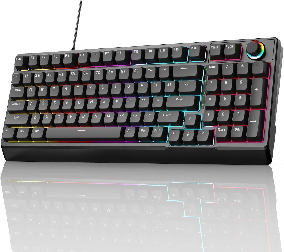 ゲーミングキーボード 赤軸 98 キー メカニカル LED バックライト付き ワード発光 USB ゲーミングきーボード有線 高速応答 数字キー付き_画像1