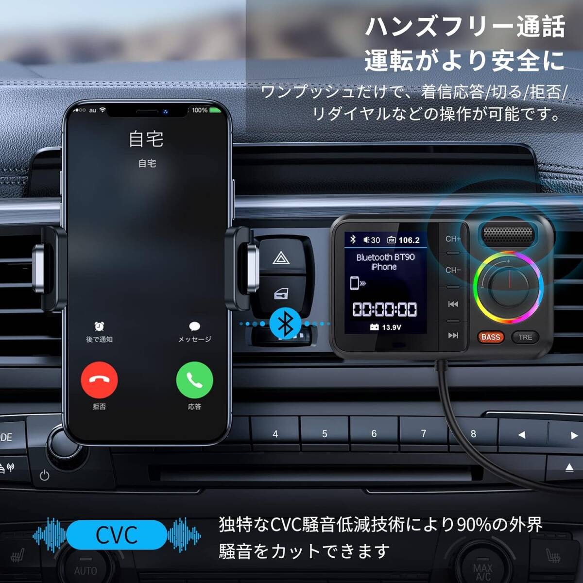HUNDRUP FMトランスミッター Bluetooth5.0 QC3.0急速充電 2USBポート Siri Voice Assistant 車載充電器 AUX有線接続 USBメモリ_画像4