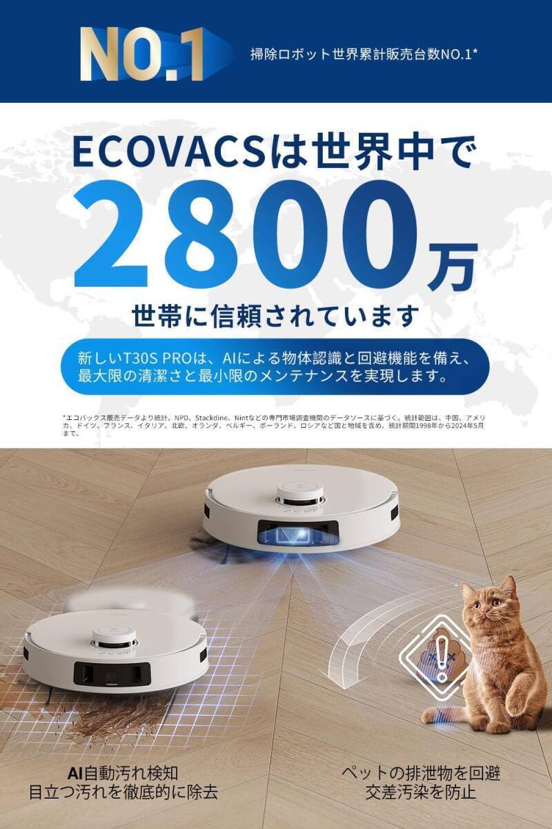 【新品未開封 】ECOVACS(エコバックス)DEEBOT T30S Pro ロボット掃除機 吸引・水拭き両用 モップ洗浄_画像7