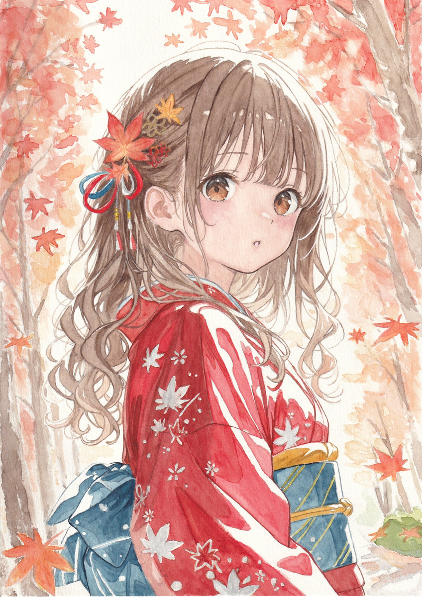  один пункт предмет рука .. оригинал прозрачный акварель [ клен цвет. договоренность ] кимоно чай .. лист иллюстрации прекрасный женщина симпатичный акварель бумага A4