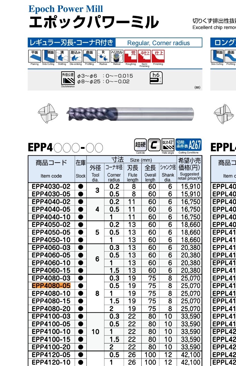 MOLDINO 超硬エンドミル EPP4080-05-CS・5本セット・アジアス型 仕上げ 三菱マテリアル OSG 日立・新品未使用_画像3