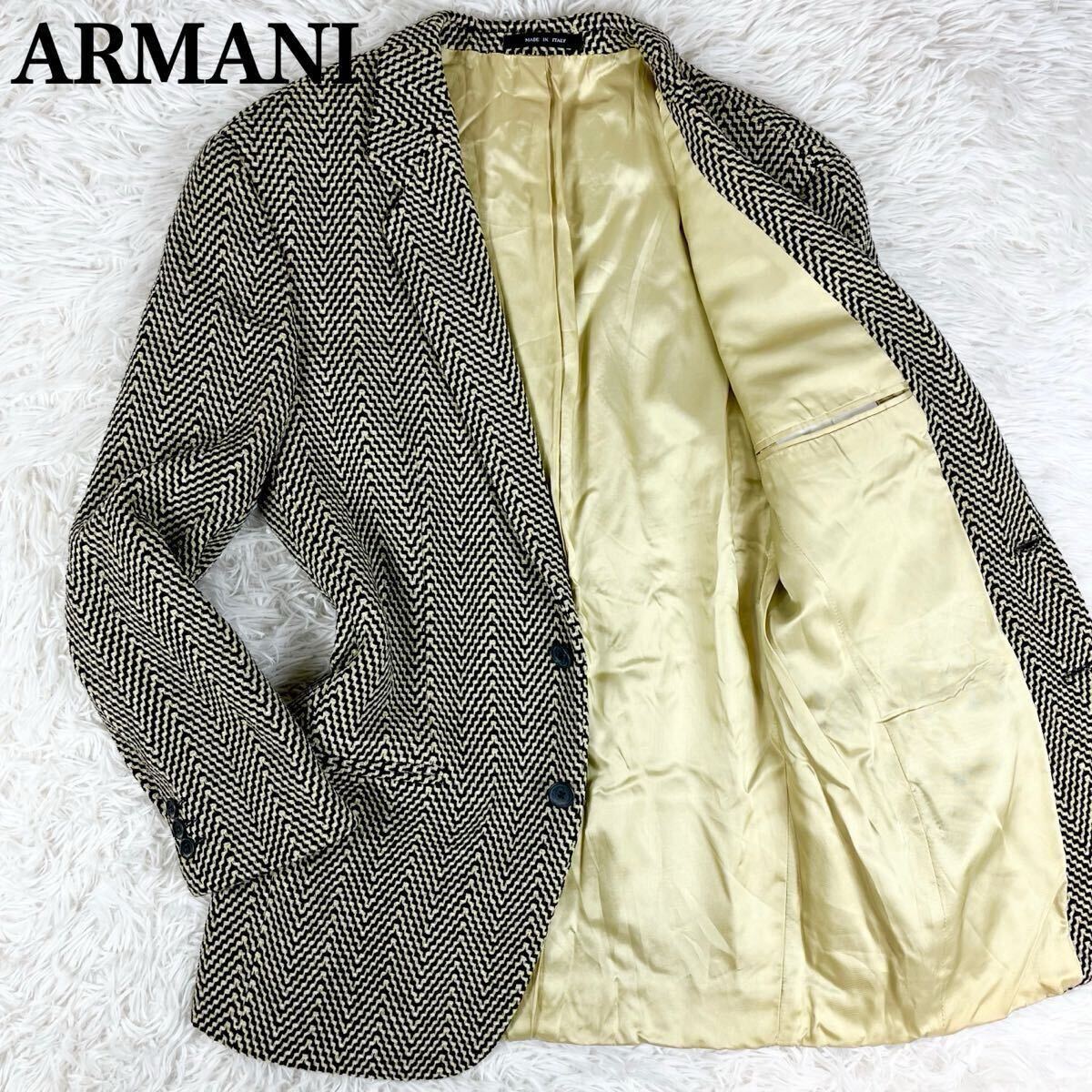 美品/希少ヘリンボーン柄◎裏地派手◎【エンポリオアルマーニ EMPORIO ARMANI】テーラードジャケット 2B 総柄 46サイズ イタリア製 ウール_画像1