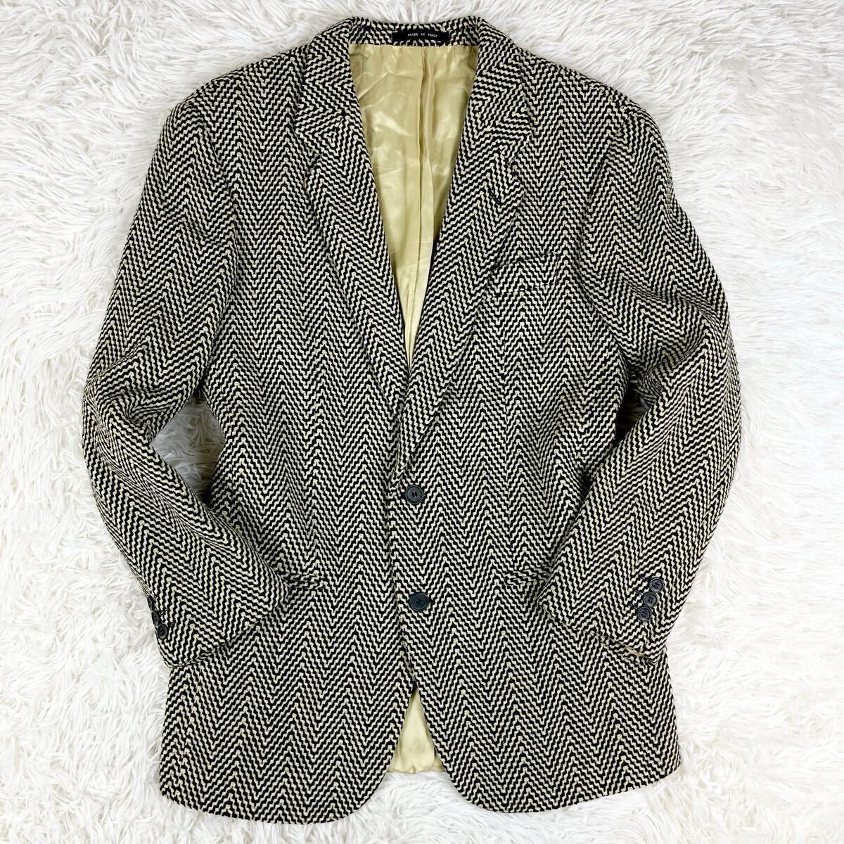 美品/希少ヘリンボーン柄◎裏地派手◎【エンポリオアルマーニ EMPORIO ARMANI】テーラードジャケット 2B 総柄 46サイズ イタリア製 ウール_画像2
