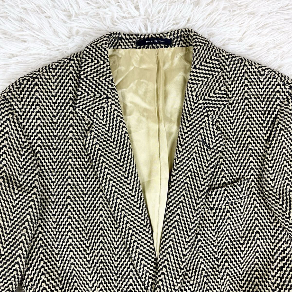美品/希少ヘリンボーン柄◎裏地派手◎【エンポリオアルマーニ EMPORIO ARMANI】テーラードジャケット 2B 総柄 46サイズ イタリア製 ウール_画像3