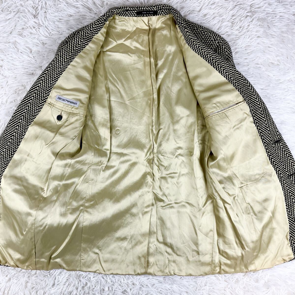 美品/希少ヘリンボーン柄◎裏地派手◎【エンポリオアルマーニ EMPORIO ARMANI】テーラードジャケット 2B 総柄 46サイズ イタリア製 ウール_画像6