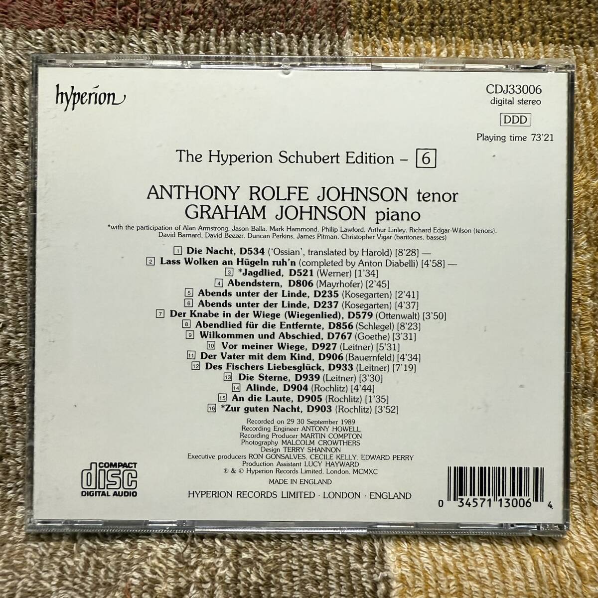 CD●英hyperion CDJ33006●シューベルト 歌曲全集６「夜のシューベルト」【アントニー・ロルフ・ジョンスン　グレアム・ジョンスン】_画像3