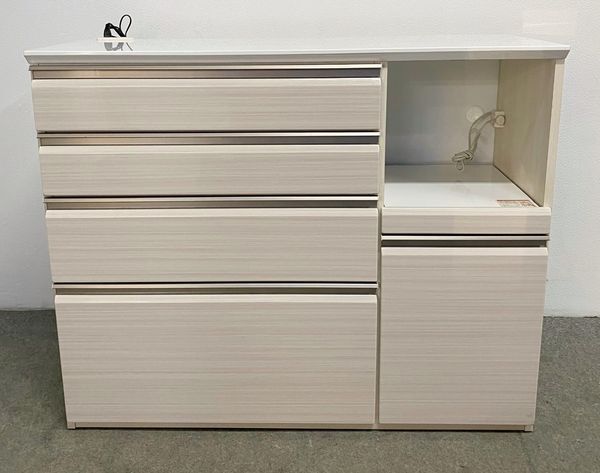 大川家具 キッチンカウンター 幅120 ハイグロスホワイト木目 フルスライドレール レンジ台 食器棚 カウンター 中古 店頭引取歓迎 R10233_画像7