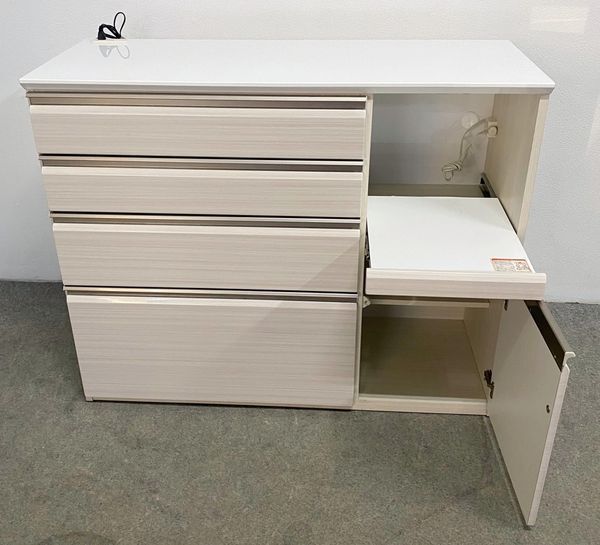 大川家具 キッチンカウンター 幅120 ハイグロスホワイト木目 フルスライドレール レンジ台 食器棚 カウンター 中古 店頭引取歓迎 R10233_画像5