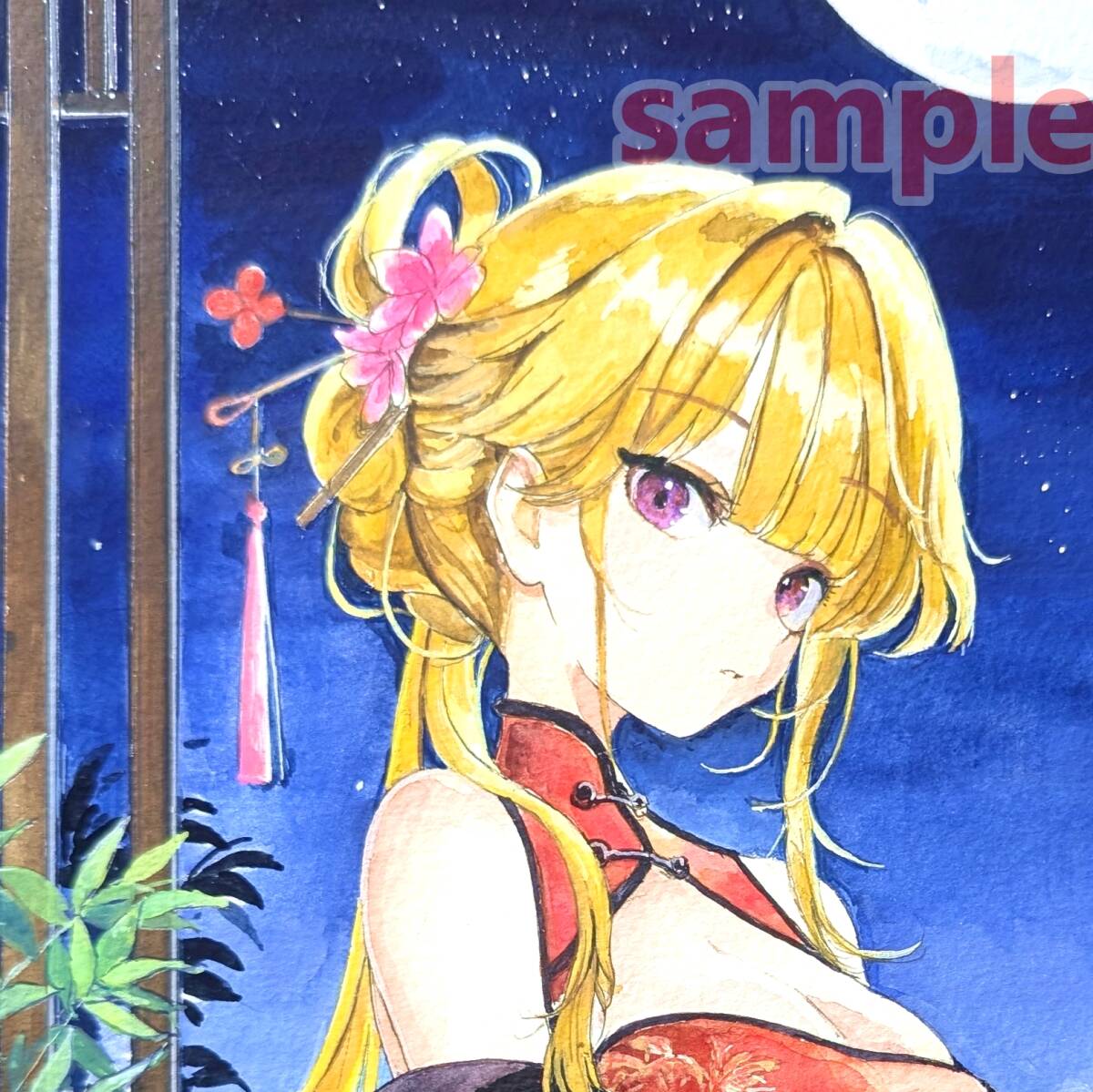 [A4 ручные иллюстрации ] оригинал месяц ночь платье в китайском стиле симпатичный аналог цвет прозрачный акварель исходная картина один пункт было использовано 