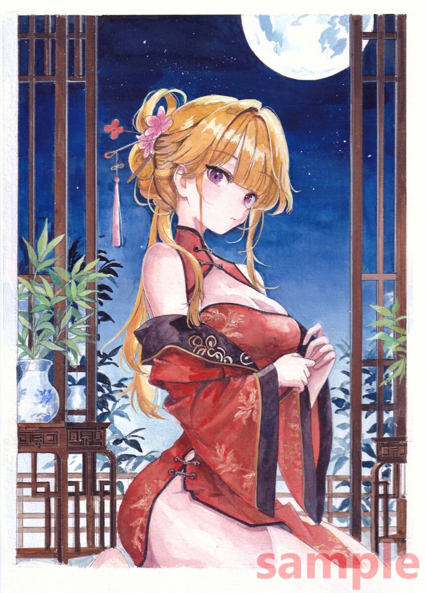 [A4 ручные иллюстрации ] оригинал месяц ночь платье в китайском стиле симпатичный аналог цвет прозрачный акварель исходная картина один пункт было использовано 