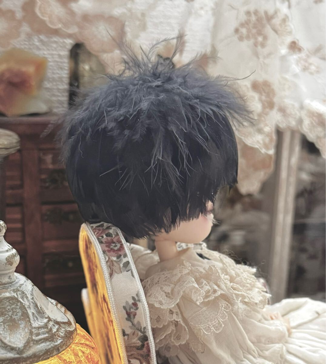 7インチ 羽根ウィッグ 羽 カラスノヌレバ ウィッグ カラス屋 ハルモニアブルーム ドール YSD 頭囲18㎝_画像4