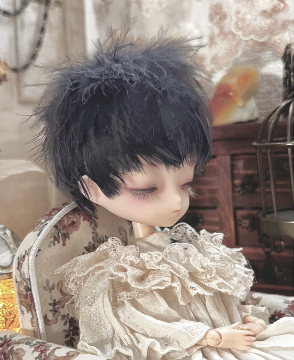 7インチ 羽根ウィッグ 羽 カラスノヌレバ ウィッグ カラス屋 ハルモニアブルーム ドール YSD 頭囲18㎝_画像2