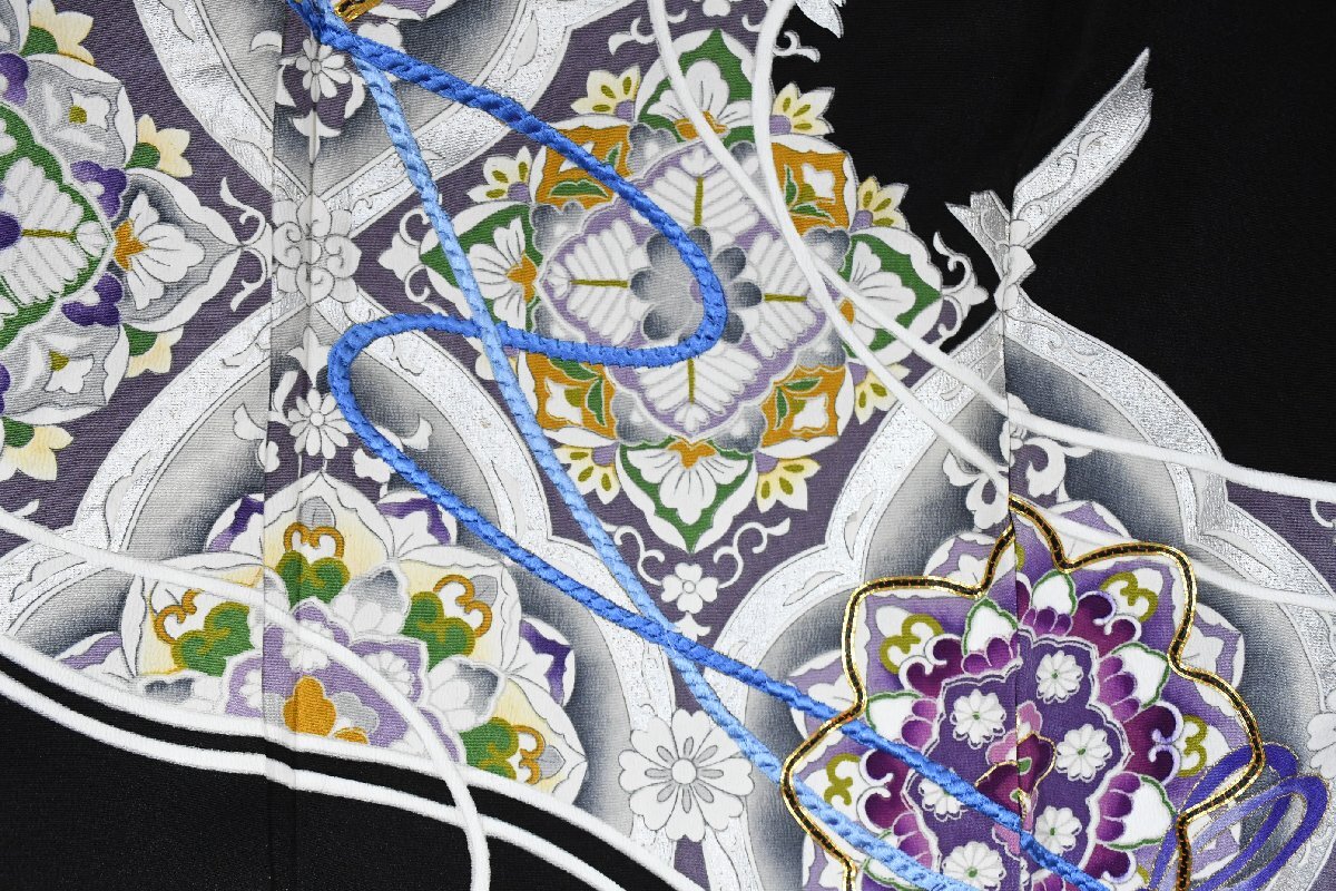 黒留袖 結婚式 鏡文 銀彩 縮緬 身丈１４９cm 裄丈６４．５cm ★着物 e-１４４８ 桜庭呉服店_画像6