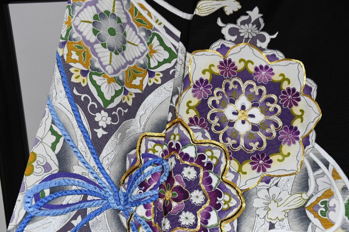 黒留袖 結婚式 鏡文 銀彩 縮緬 身丈１４９cm 裄丈６４．５cm ★着物 e-１４４８ 桜庭呉服店_画像5