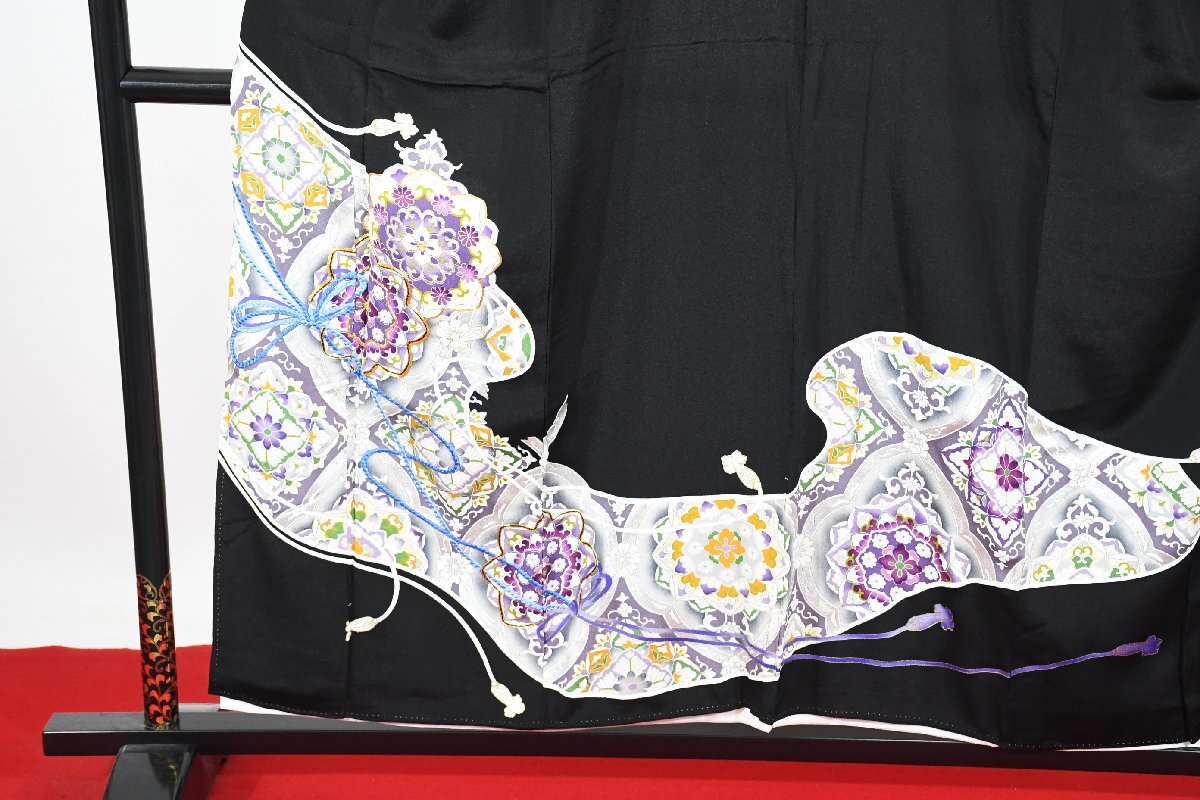 黒留袖 結婚式 鏡文 銀彩 縮緬 身丈１４９cm 裄丈６４．５cm ★着物 e-１４４８ 桜庭呉服店_画像2