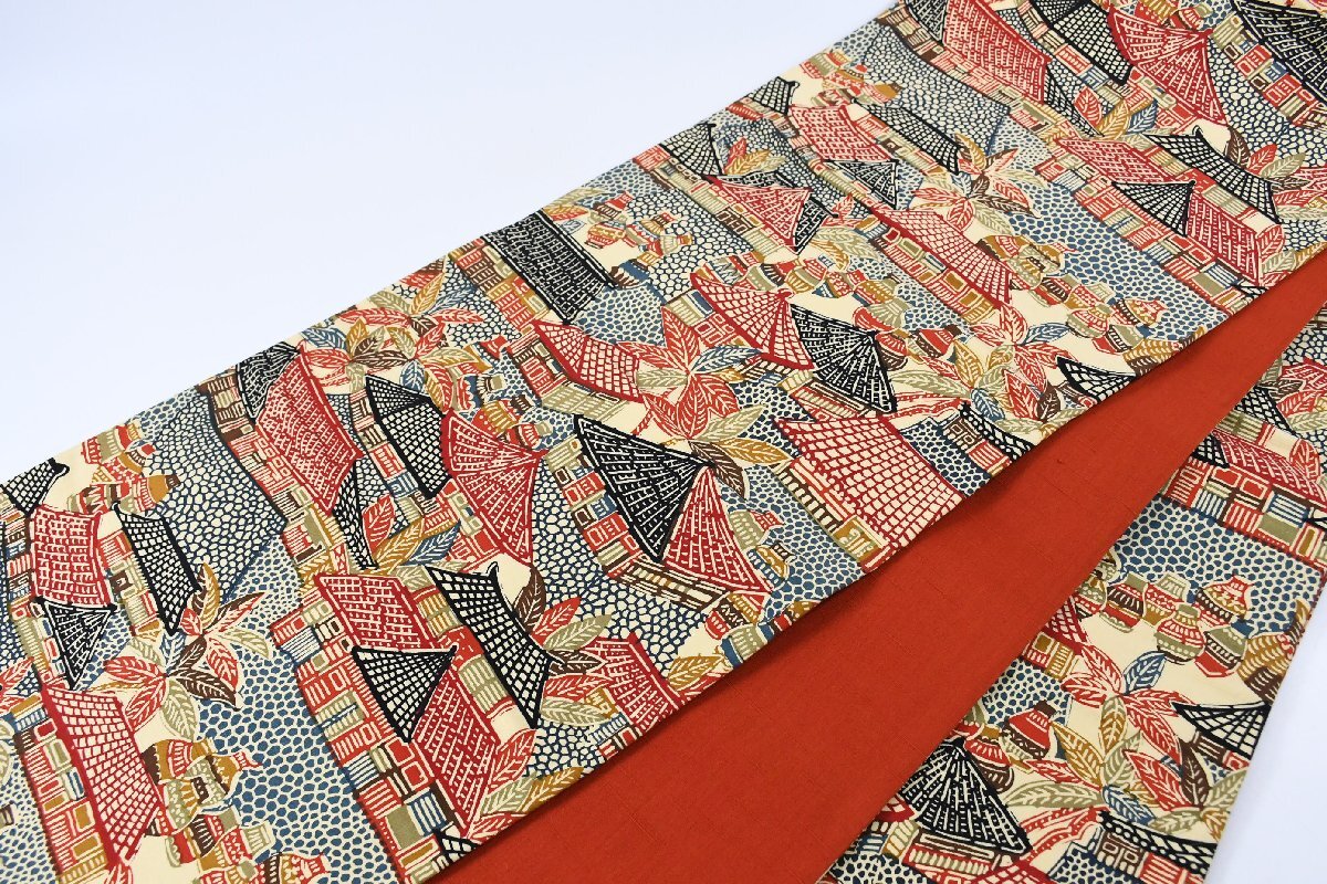 袋名古屋帯 型染め 花瓶 屋根 帯丈352cm ★着物屋 ne-16535 桜庭呉服店_画像8