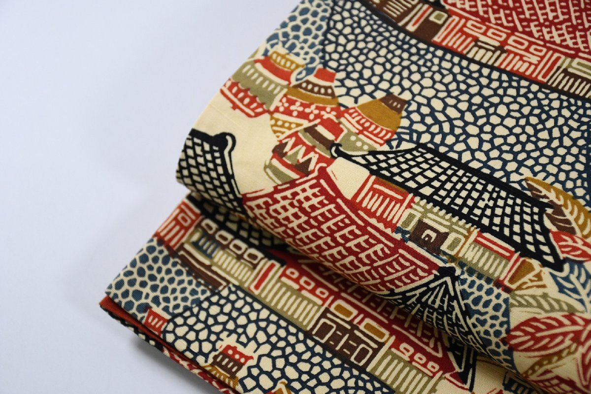 袋名古屋帯 型染め 花瓶 屋根 帯丈352cm ★着物屋 ne-16535 桜庭呉服店_画像7