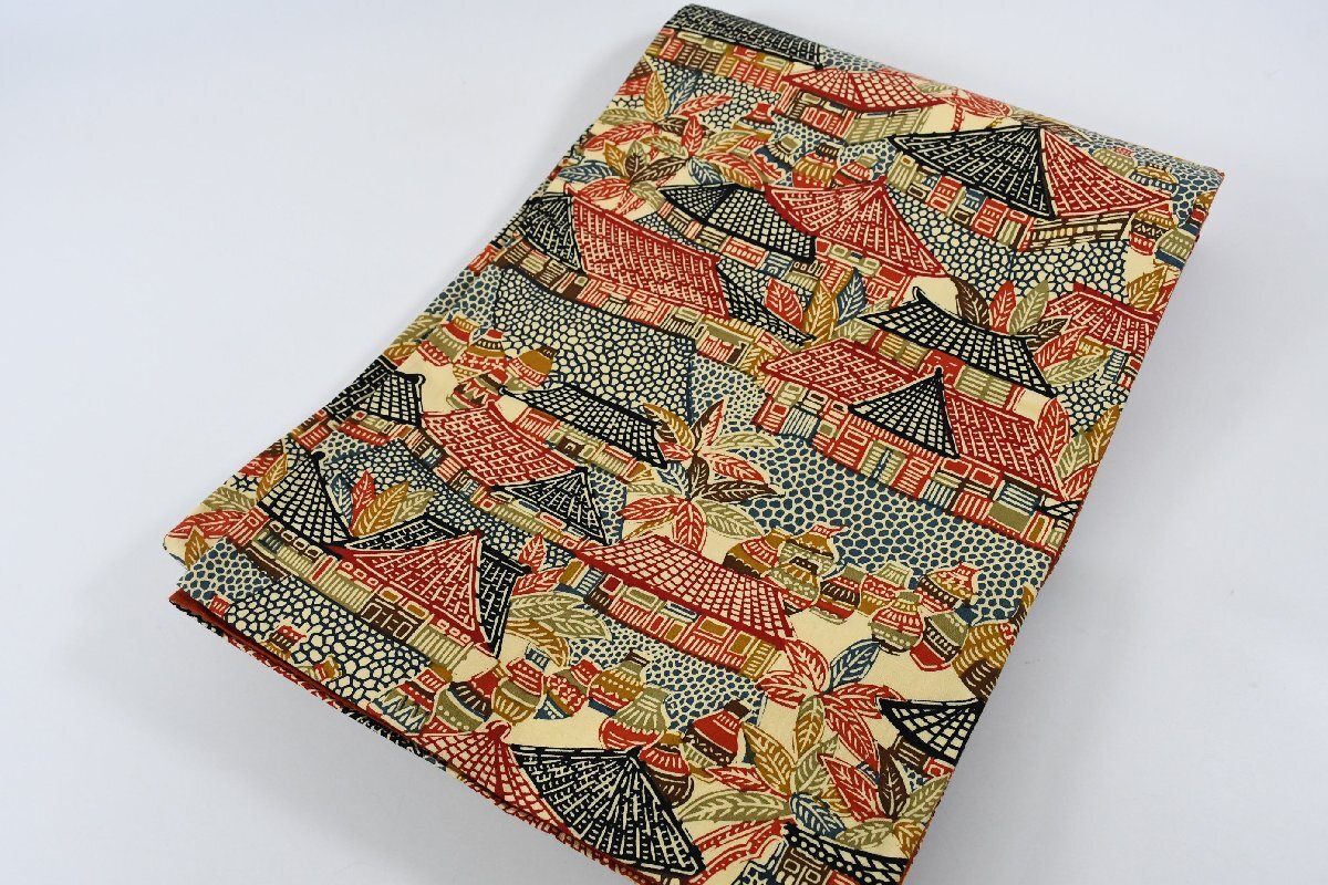 袋名古屋帯 型染め 花瓶 屋根 帯丈352cm ★着物屋 ne-16535 桜庭呉服店_画像1