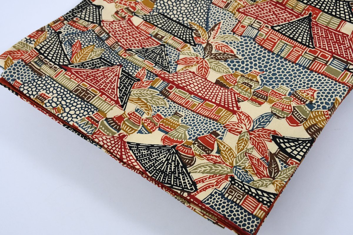 袋名古屋帯 型染め 花瓶 屋根 帯丈352cm ★着物屋 ne-16535 桜庭呉服店_画像4