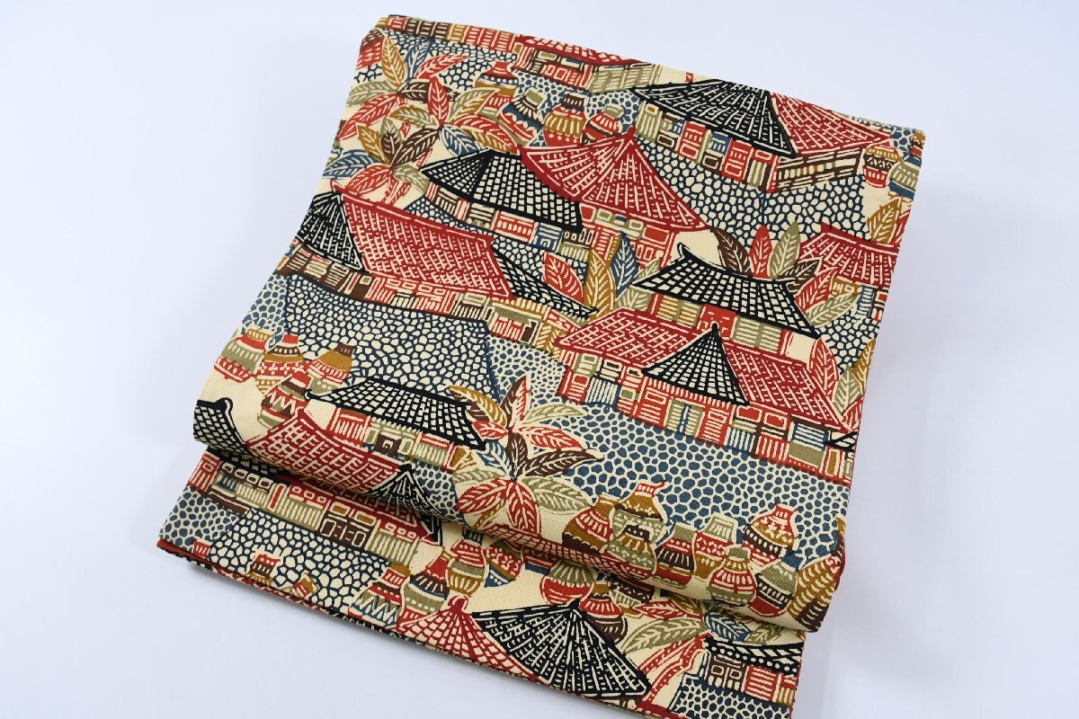 袋名古屋帯 型染め 花瓶 屋根 帯丈352cm ★着物屋 ne-16535 桜庭呉服店_画像6