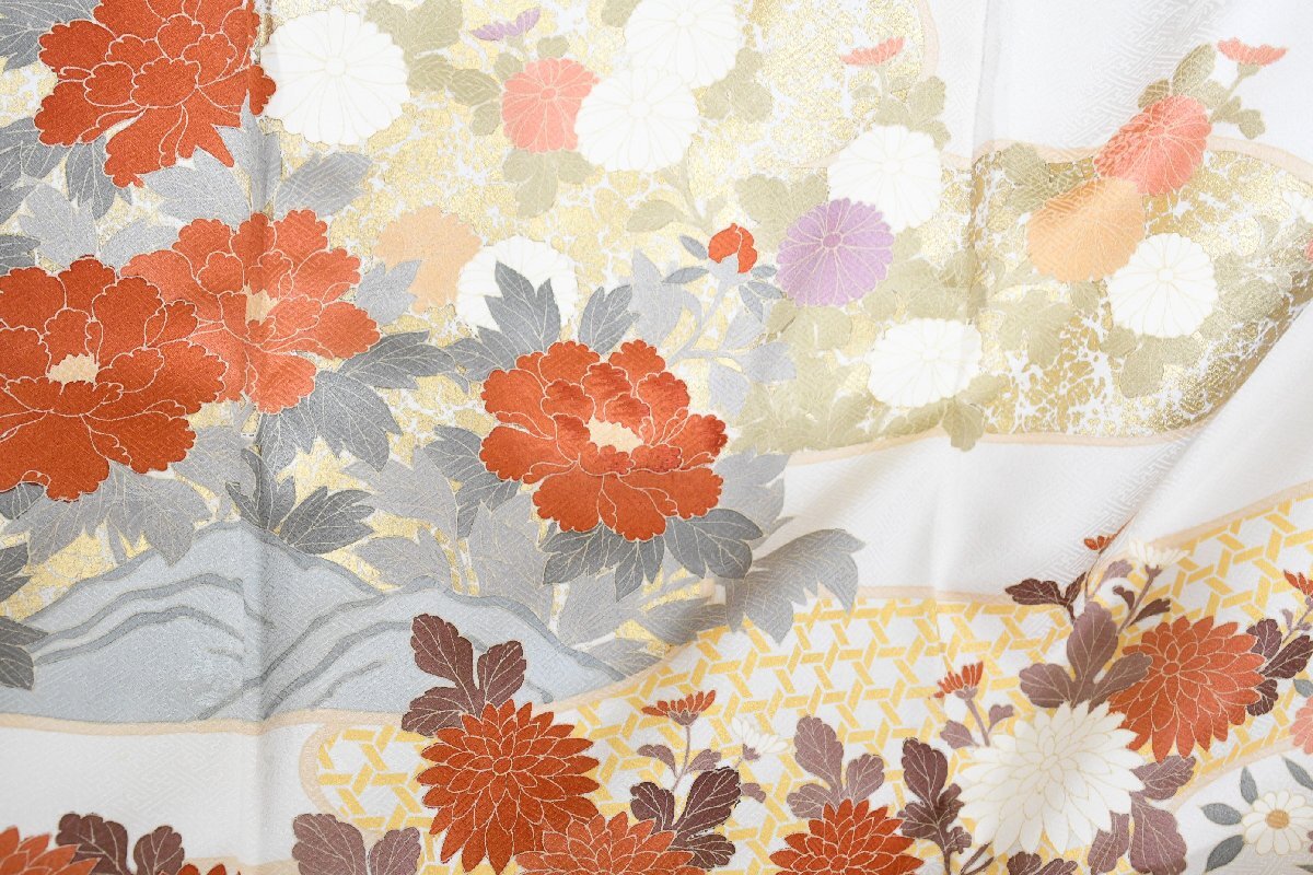 色留袖 家紋 結婚式 金彩 城 風景 花 身丈163cm 裄丈66cm ★着物ｔ-2404 桜庭呉服店_画像5