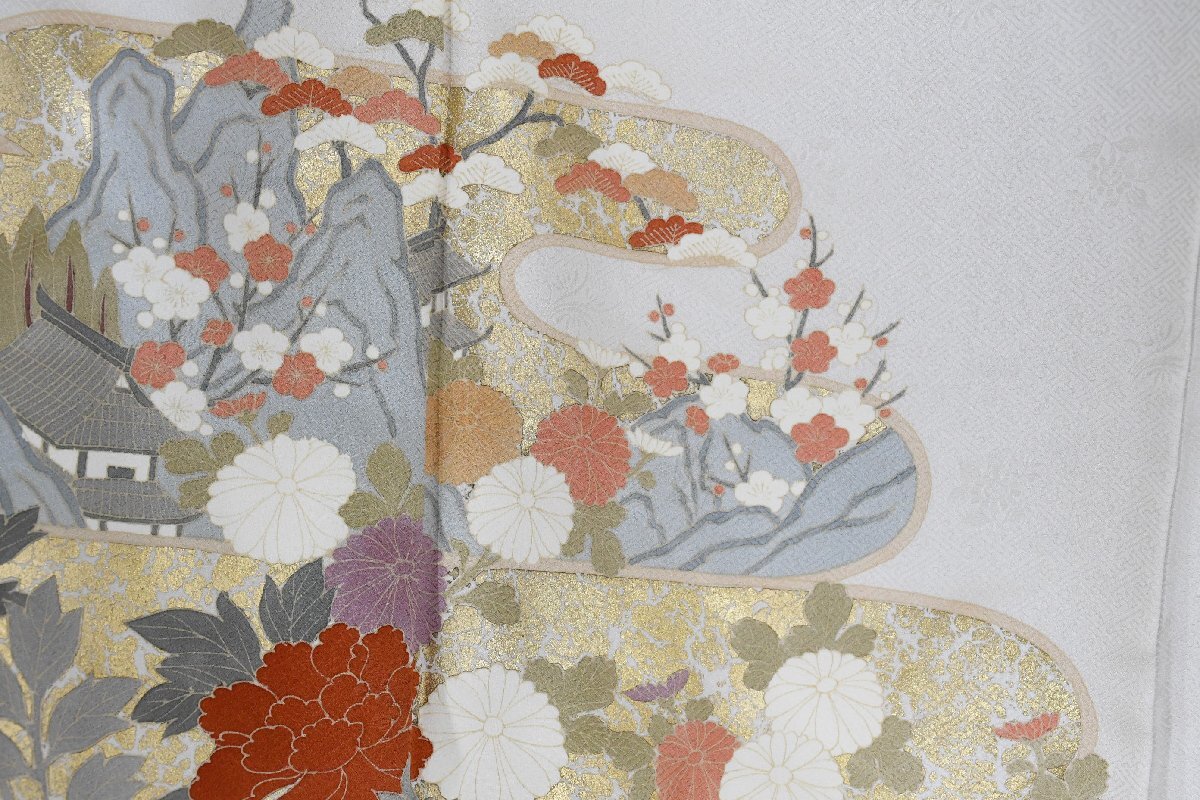 色留袖 家紋 結婚式 金彩 城 風景 花 身丈163cm 裄丈66cm ★着物ｔ-2404 桜庭呉服店_画像4