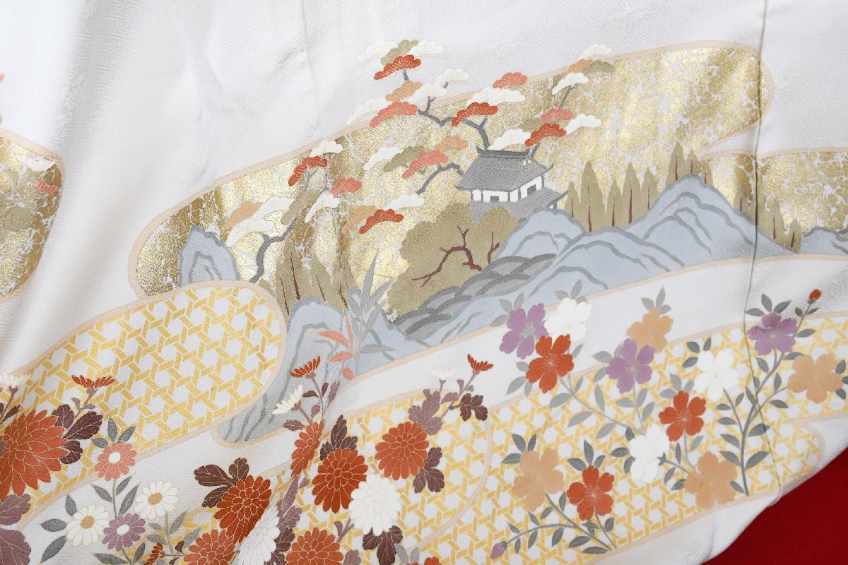 色留袖 家紋 結婚式 金彩 城 風景 花 身丈163cm 裄丈66cm ★着物ｔ-2404 桜庭呉服店_画像6