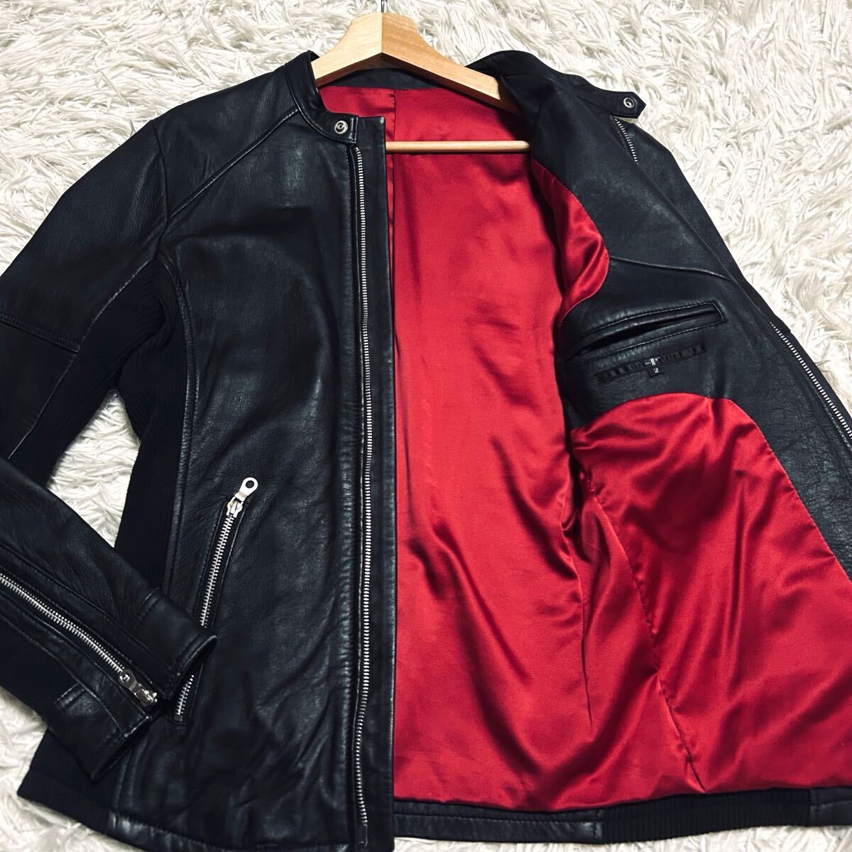 極美品/Lサイズ NO ID. ノーアイディー レザージャケット トロトロ 羊革 ラムレザー 希少 裏地レッド 赤 シングル ライダース ブラック 黒_画像1