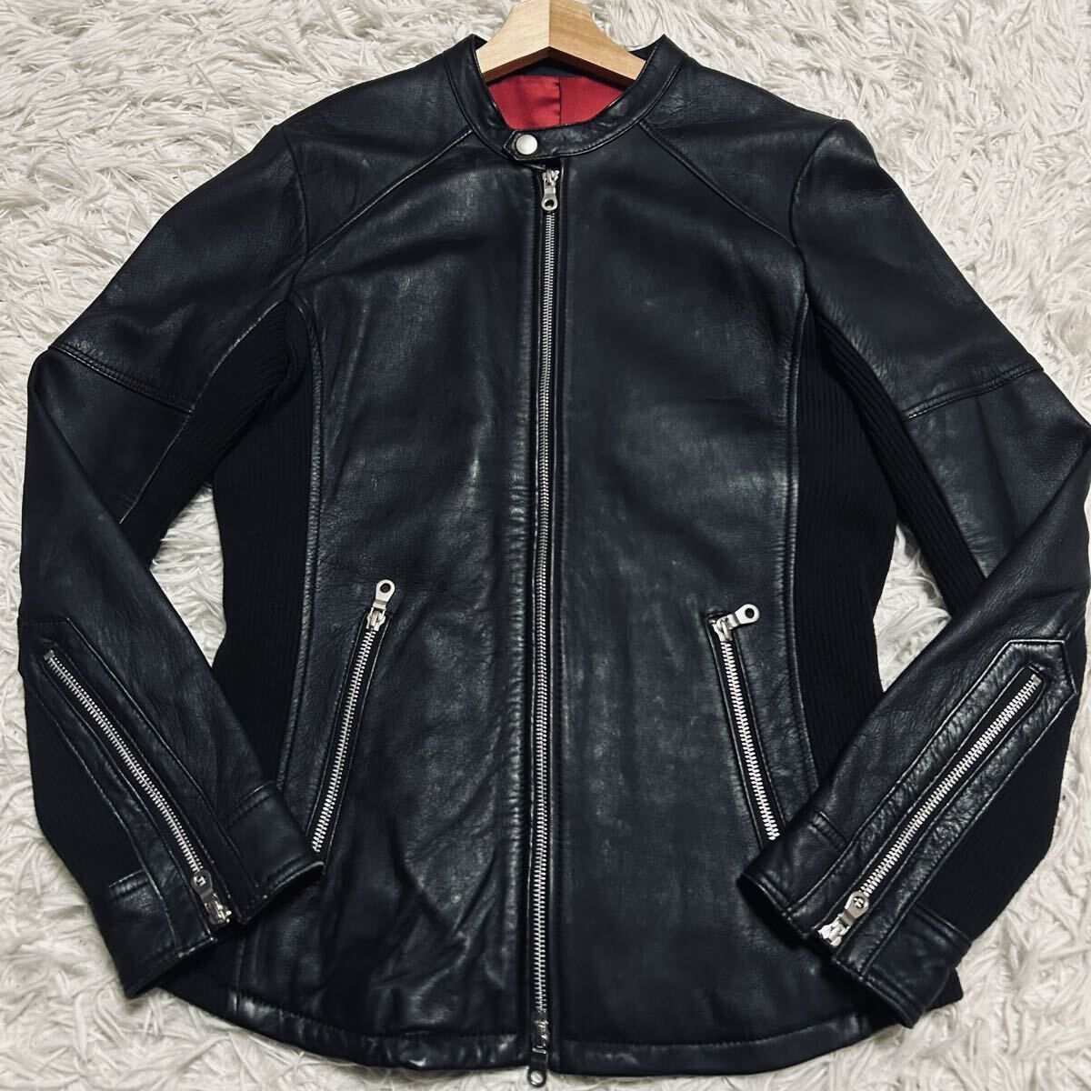 極美品/Lサイズ NO ID. ノーアイディー レザージャケット トロトロ 羊革 ラムレザー 希少 裏地レッド 赤 シングル ライダース ブラック 黒_画像2