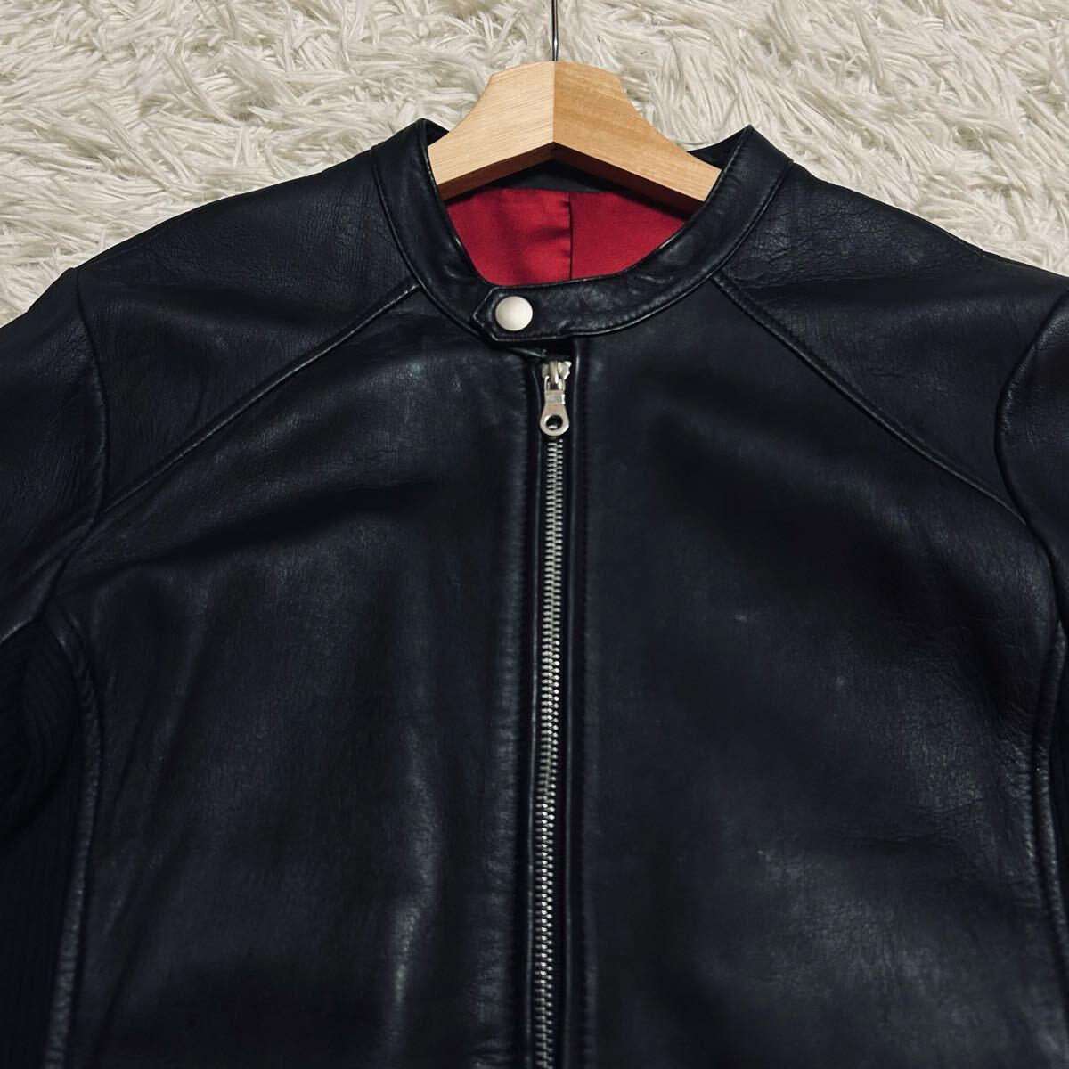 極美品/Lサイズ NO ID. ノーアイディー レザージャケット トロトロ 羊革 ラムレザー 希少 裏地レッド 赤 シングル ライダース ブラック 黒_画像5