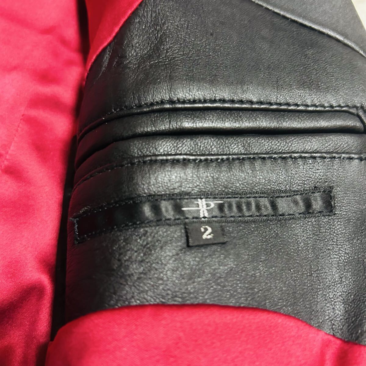 極美品/Lサイズ NO ID. ノーアイディー レザージャケット トロトロ 羊革 ラムレザー 希少 裏地レッド 赤 シングル ライダース ブラック 黒_画像9