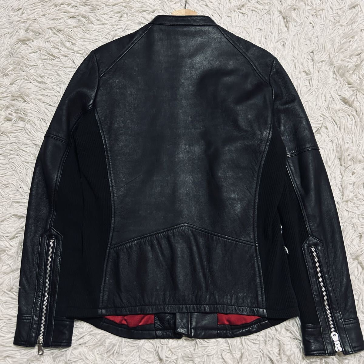 極美品/Lサイズ NO ID. ノーアイディー レザージャケット トロトロ 羊革 ラムレザー 希少 裏地レッド 赤 シングル ライダース ブラック 黒_画像10