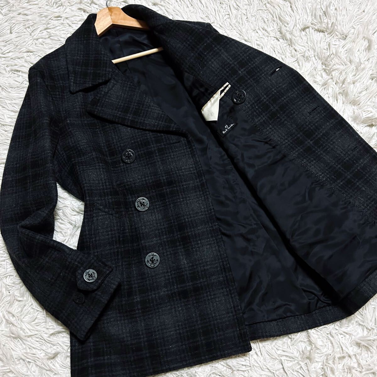 英国調漂う★Paul Smith ポールスミス 秋冬高級 上質チェック織り起毛メルトンウール チェック柄 ダブル 6B グレー系 ピーコート Lサイズ_画像1