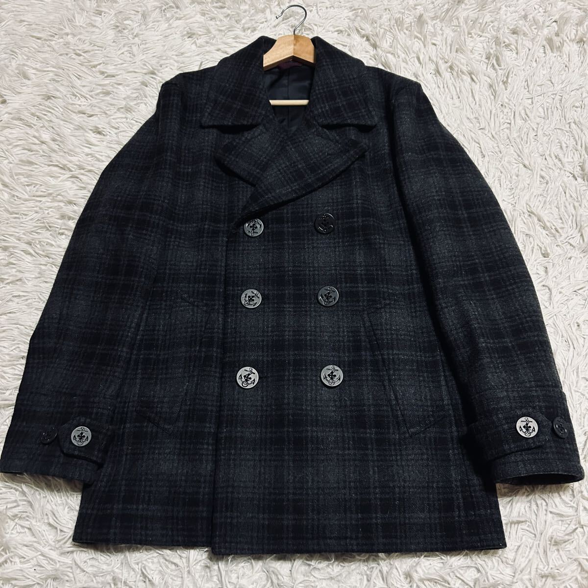 英国調漂う★Paul Smith ポールスミス 秋冬高級 上質チェック織り起毛メルトンウール チェック柄 ダブル 6B グレー系 ピーコート Lサイズ_画像2