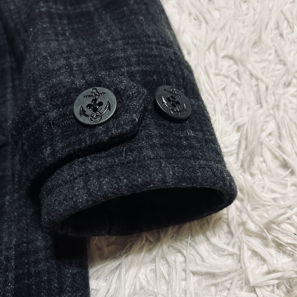 英国調漂う★Paul Smith ポールスミス 秋冬高級 上質チェック織り起毛メルトンウール チェック柄 ダブル 6B グレー系 ピーコート Lサイズ_画像4