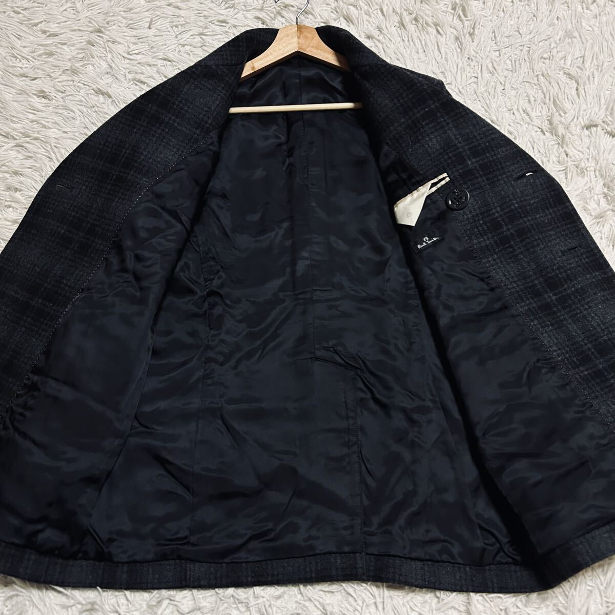 英国調漂う★Paul Smith ポールスミス 秋冬高級 上質チェック織り起毛メルトンウール チェック柄 ダブル 6B グレー系 ピーコート Lサイズ_画像6