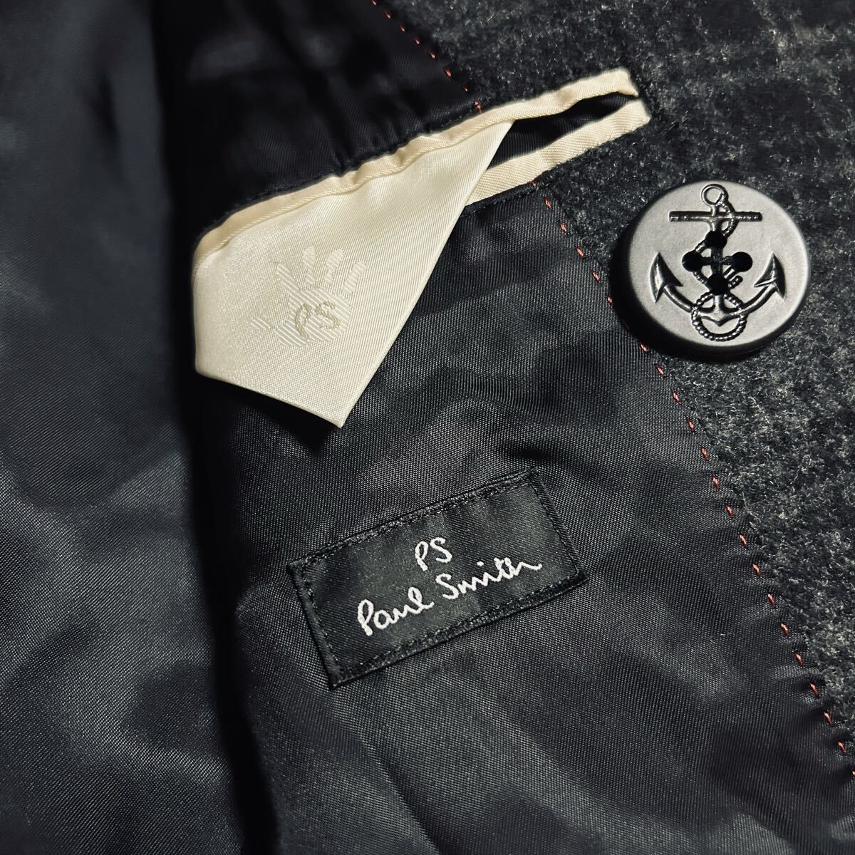 英国調漂う★Paul Smith ポールスミス 秋冬高級 上質チェック織り起毛メルトンウール チェック柄 ダブル 6B グレー系 ピーコート Lサイズ_画像7