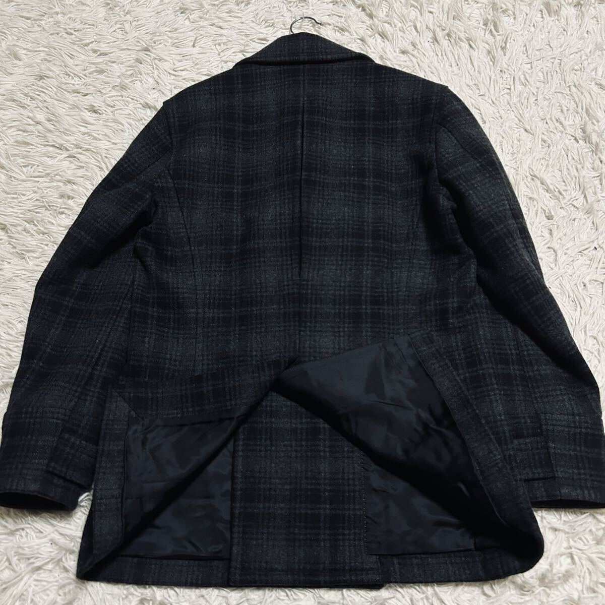 英国調漂う★Paul Smith ポールスミス 秋冬高級 上質チェック織り起毛メルトンウール チェック柄 ダブル 6B グレー系 ピーコート Lサイズ_画像9