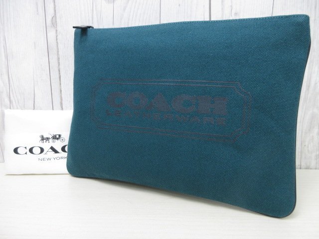 極美品 COACH コーチ クラッチバッグ セカンドバッグ バッグ キャンバス×レザー エメラルドグリーン メンズ 91259Yの画像2