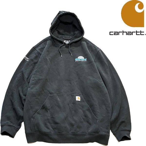 1点物◆カーハートCarharttバックプリント黒スウェットパーカー古着メンズXXLレディースOKアメカジ90sストリートUSAワークブランド362418_画像1