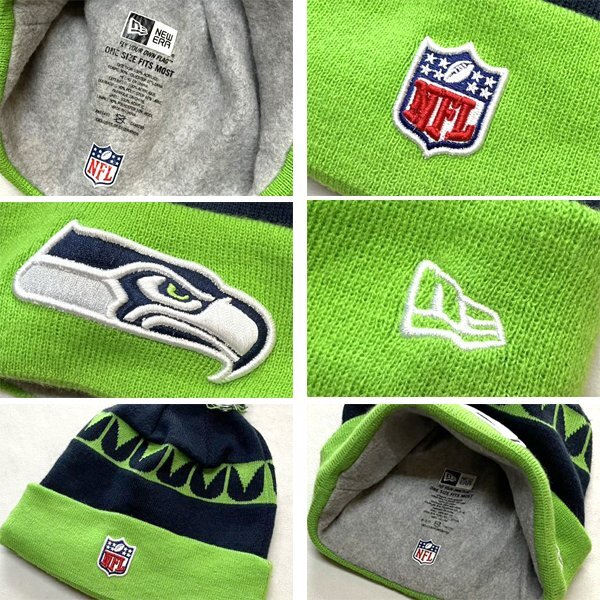 1点物◆ニューエラ蛍光緑シーホークスNFL紺ボンボンニット帽ニットキャップ古着メンズレディースOKアメカジUSストリート帽子ビーニー362444_画像2