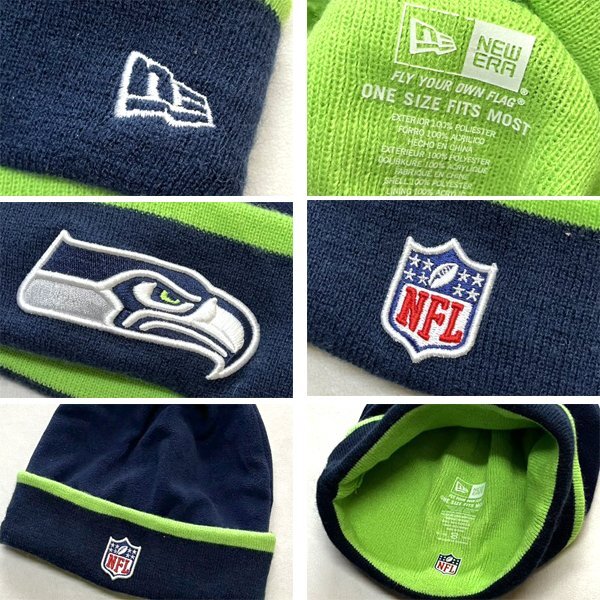 1点物◆ニューエラ蛍光緑シーホークスNFL紺ニット帽フリースニットキャップ古着メンズレディースOKアメカジUSストリート帽子ビーニー362448_画像2