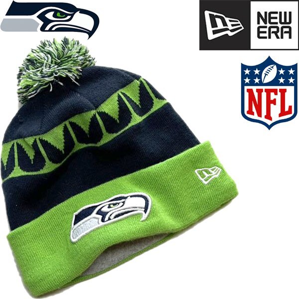 1点物◆ニューエラ蛍光緑シーホークスNFL紺ボンボンニット帽ニットキャップ古着メンズレディースOKアメカジUSストリート帽子ビーニー362444_画像1