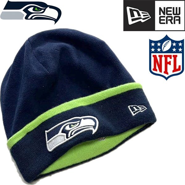 1点物◆ニューエラ蛍光緑シーホークスNFL紺ニット帽フリースニットキャップ古着メンズレディースOKアメカジUSストリート帽子ビーニー362448_画像1