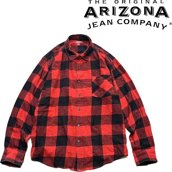 1点物◆アリゾナARIZONA赤黒ネルシャツ長袖ブロックチェックシャツ古着メンズXLレディースOKアメカジ90sストリートUSAブランド中古362276_画像1