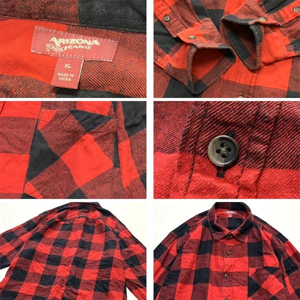 1点物◆アリゾナARIZONA赤黒ネルシャツ長袖ブロックチェックシャツ古着メンズXLレディースOKアメカジ90sストリートUSAブランド中古362276_画像2