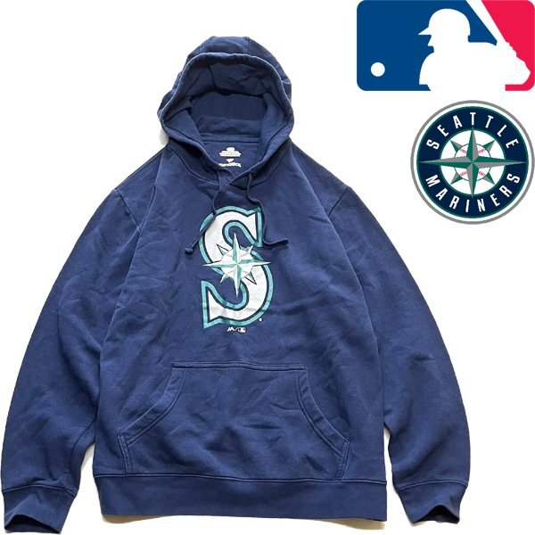 1点物◆MLBマリナーズ野球チーム紺スウェットパーカー古着メンズXXLレディース/アメカジ90sストリートブランド中古フードトレーナー362463_画像1