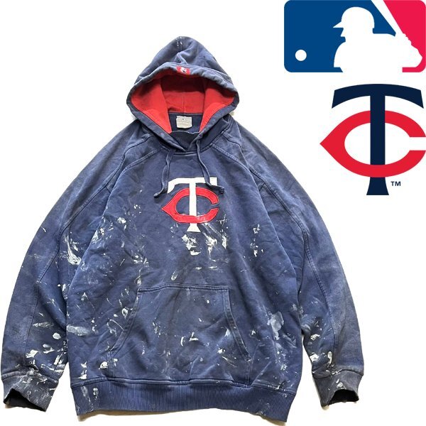 1点物◆MLB雰囲気系ペンキアート紺ツインズTCスウェットパーカー古着メンズXXLレディース/アメカジ90sストリートブランドトレーナー362464_画像1